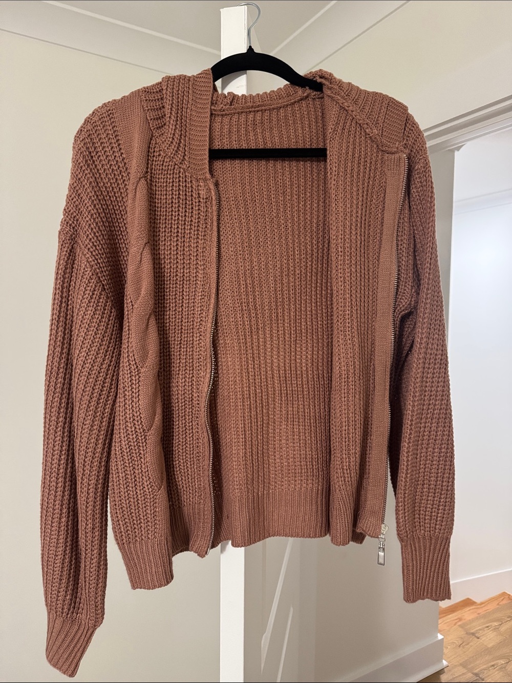 SHEIN Dusty Rose Chunky Knit Zip-Up Cardigan